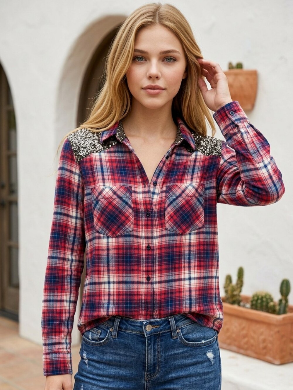 Express Womans Boyfriend Gold Sequin Plaid Flannel Long Sleeve Button Down Shirt